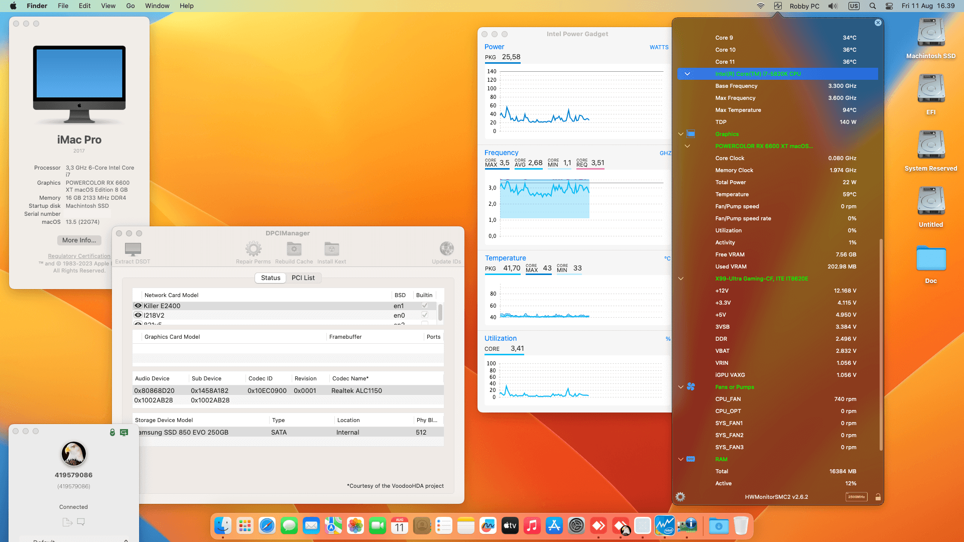 Success Hackintosh macOS Ventura 13.5 Build 22G74 in Gigabyte GA-X99-Ultra Gaming + Intel Core i7 5820K + Power Color RX 6600 XT